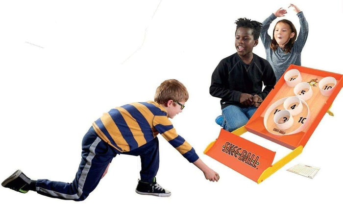 Kids playing Skee Ball on a white background
