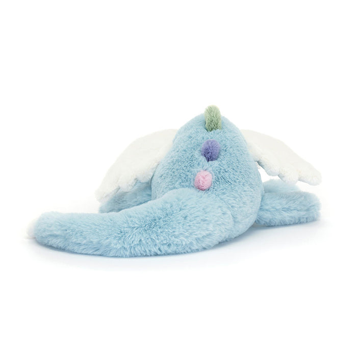 Rear view of a blue plush dragon toy with colorful accents on a white background
