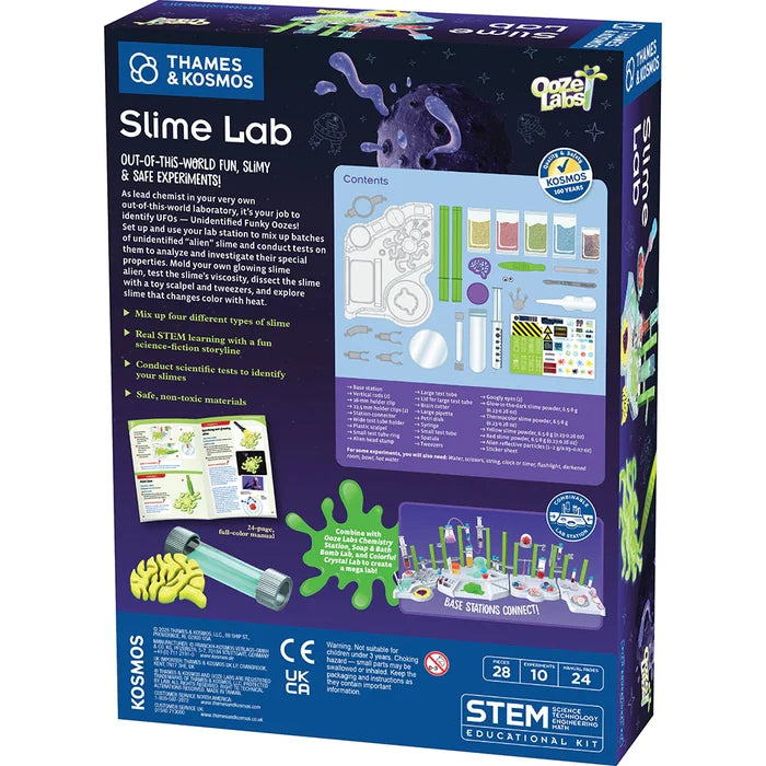 Box of Thames & Kosmos Slime Lab educational kit with colorful graphics and text.