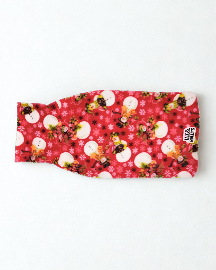 Cozy red snowman dog sweater flat lay – handmade fleece pullover