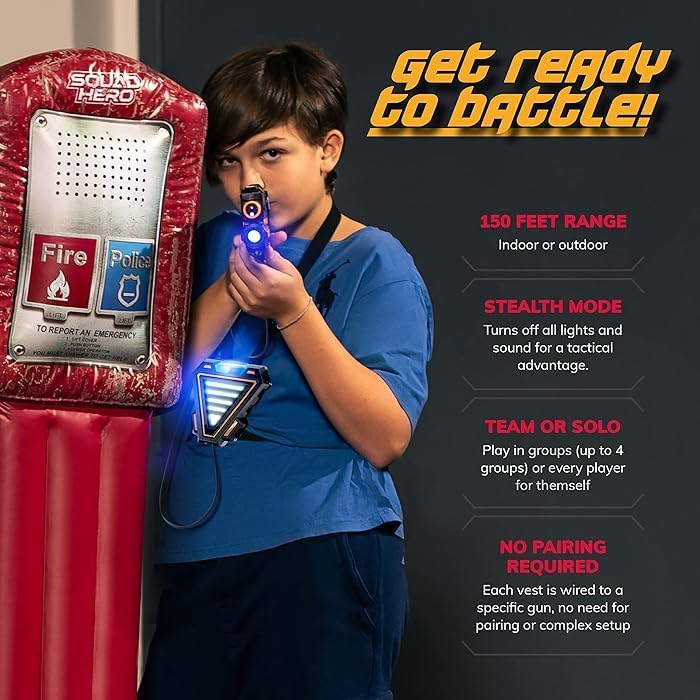 Child holding a laser blaster next to a fire alarm with product features displayed on a dark background