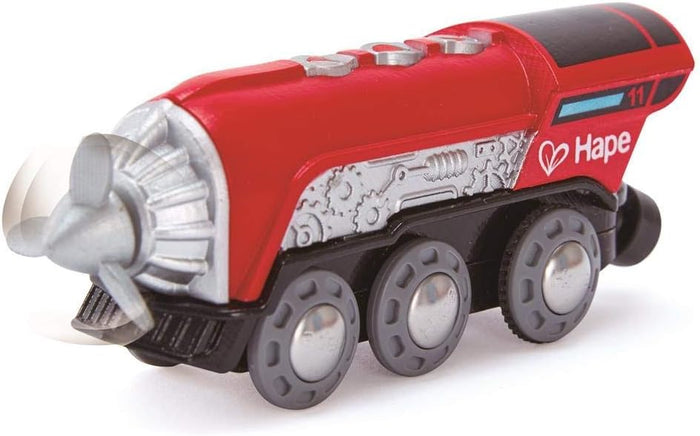 Red toy train engine with Hape branding on a white background