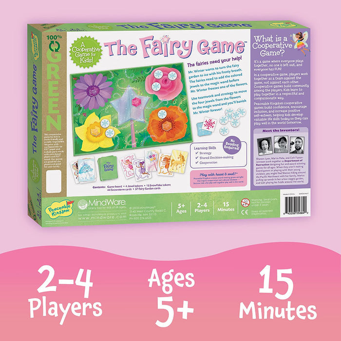 Back of the box for The Fairy Game on a pink and violet background.