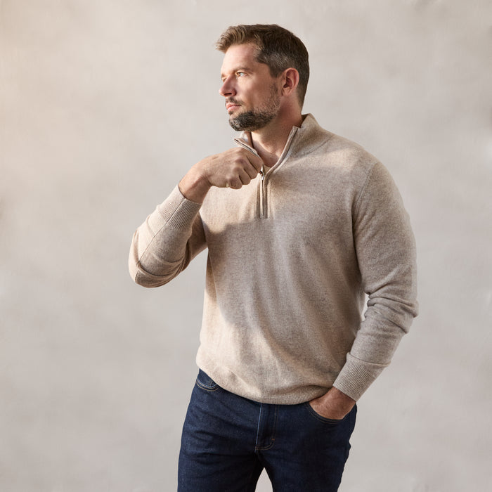 The Hudson 1/4 Zip in 100% Cashmere - Oatmeal