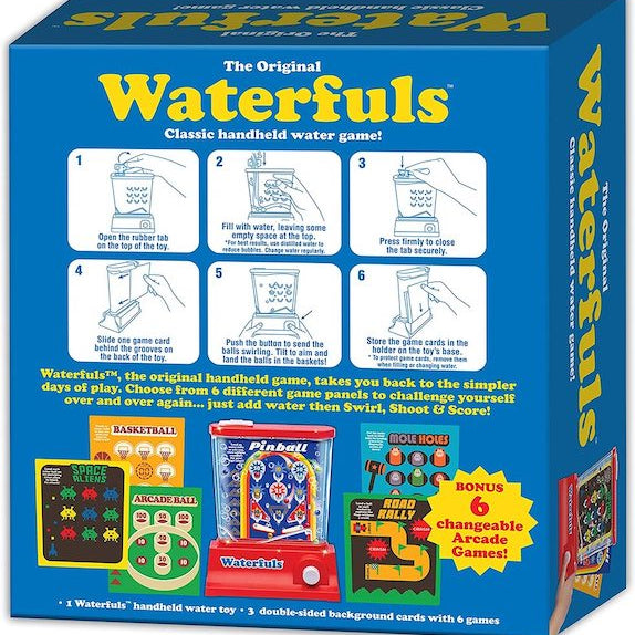Box of Waterfuls handheld water game with instructions and game examples.