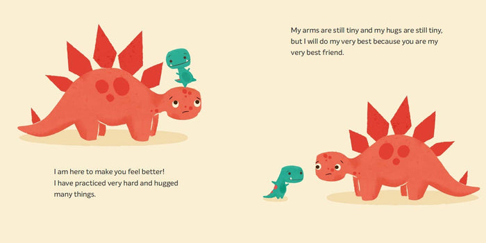 Sample pages of 'Tiny T. Rex and the Impossible Hug' with an orange and green dinosaur illustrations.