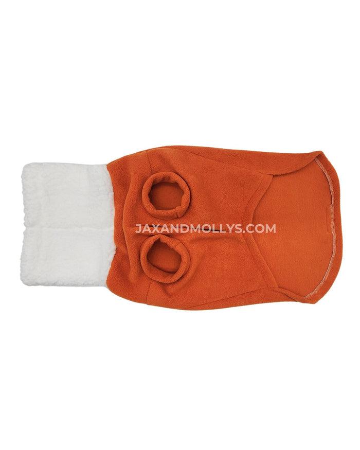 Orange fleece dog sweater with sherpa turtleneck, flat underbelly view
