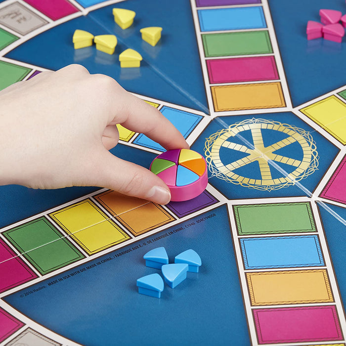 Close up of Trivial Pursuit Classic game pieces on a colorful game board