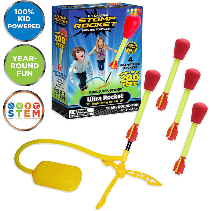 Stomp rockets packaging and contents on a white background