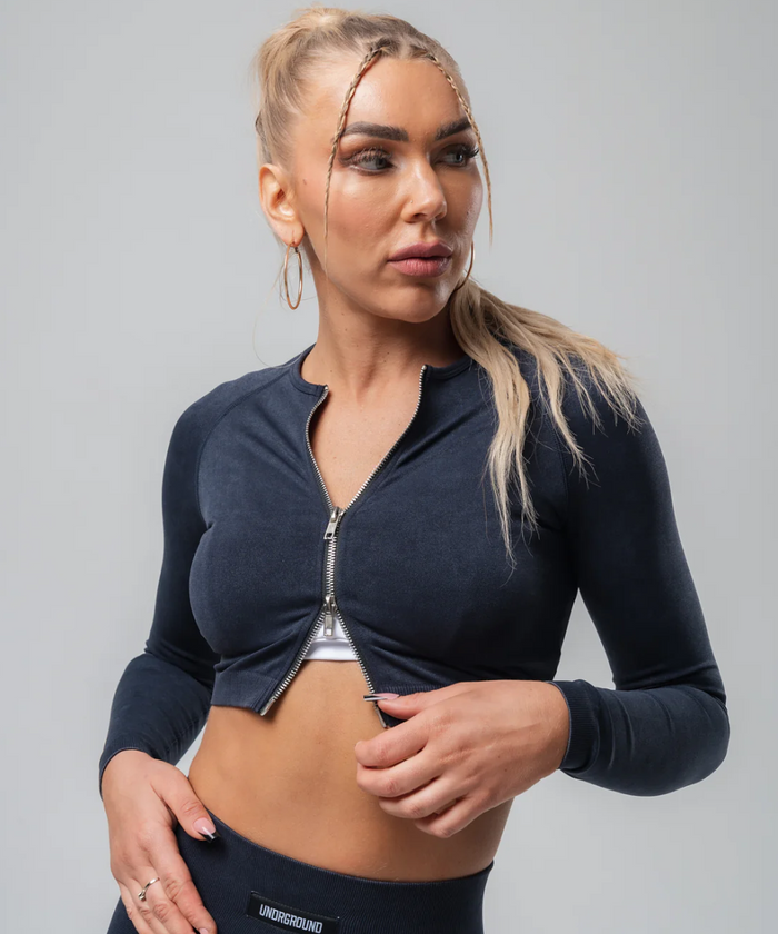 UNDRGROUND Long Sleeve Zip Crop (Washed Out Black)