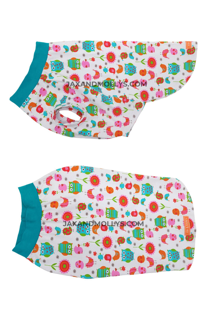 Whimsical Owls & Birds cotton-spandex dog pajamas, flat side and top view