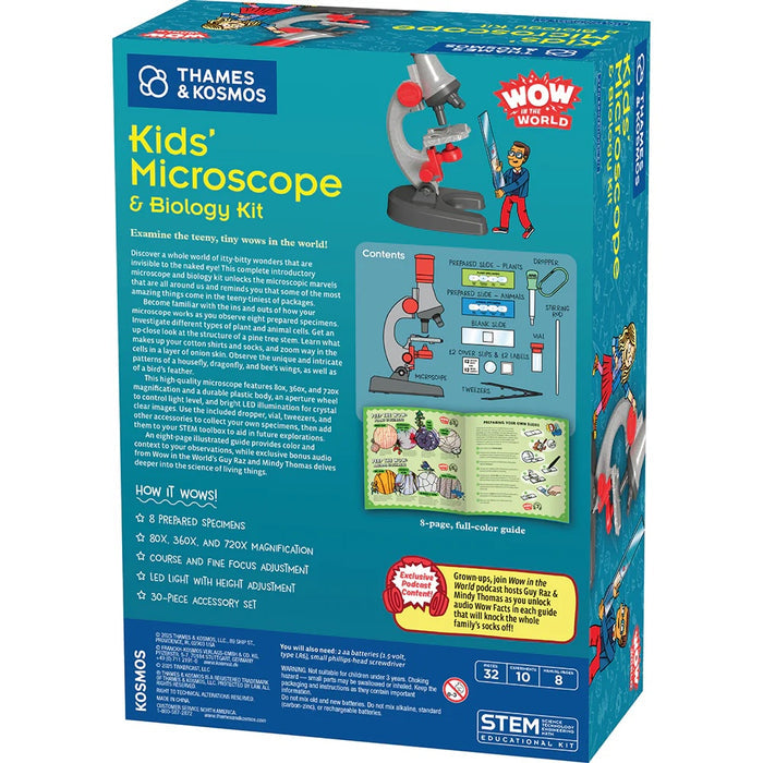 Box of Thames & Kosmos Kids' Microscope & Biology Kit with colorful design and text.