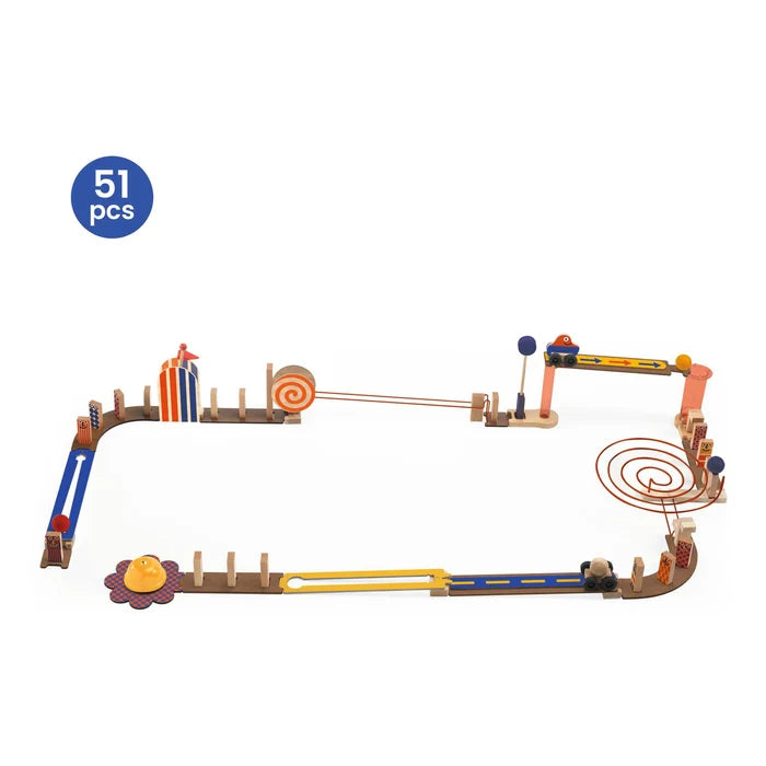 A wooden magnetic marble run toy set with 51 pieces, featuring colorful tracks, ramps, gears, and spiral details on a plain white background with a blue '51 pcs' badge.