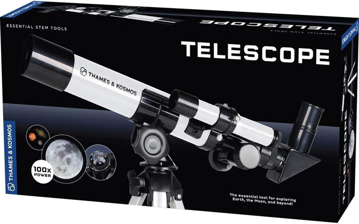 Telescope packaging with 'Thames & Kosmos' branding on a black background