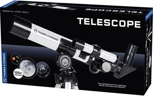 Telescope packaging with 'Thames & Kosmos' branding on a black background