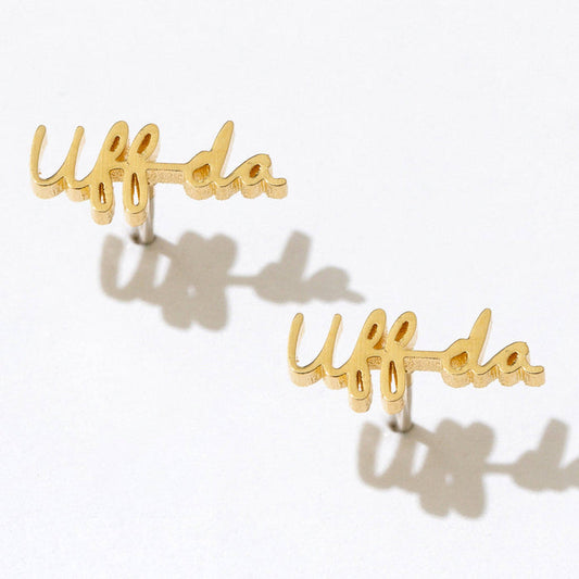 14K Gold Plated Uff da Script Stud Earrings - Single or Pair
