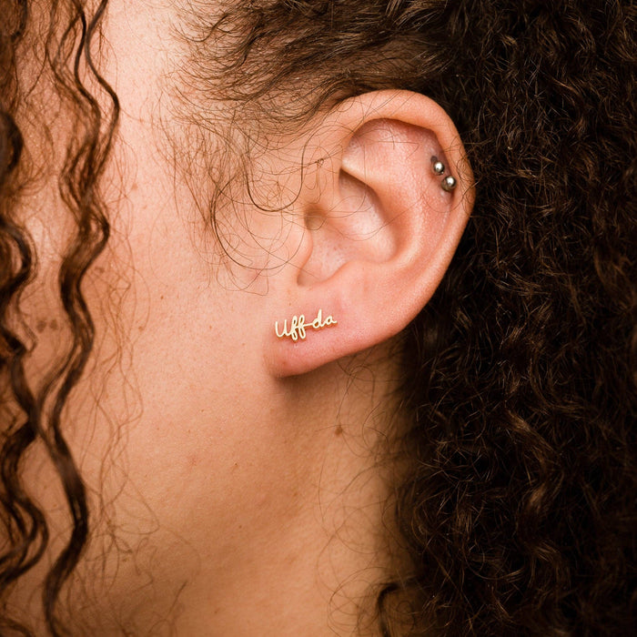 14K Gold Plated Uff da Script Stud Earrings - Single or Pair