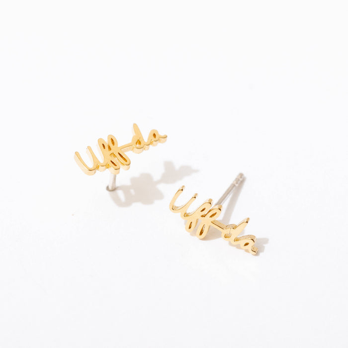 14K Gold Plated Uff da Script Stud Earrings - Single or Pair