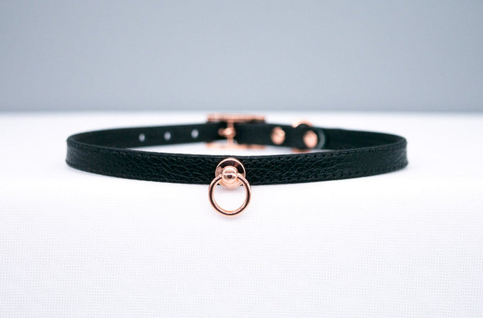 3/8" Black Leather Collar in Rose Gold