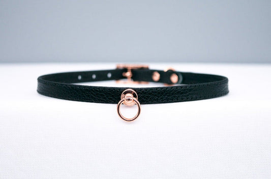 3/8" Black Leather Collar in Rose Gold