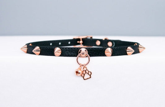 3/8" Black Spiked Puppy Leather Collar in Rose Gold