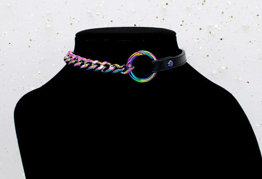 3/8" Black Vegan Leather & Chain Collar in Rainbow
