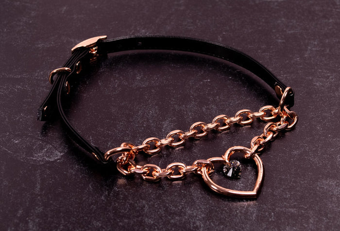 3/8" Design Your Own Crystal Chunky Heart Ring Black Vegan Leather Martingale Collar