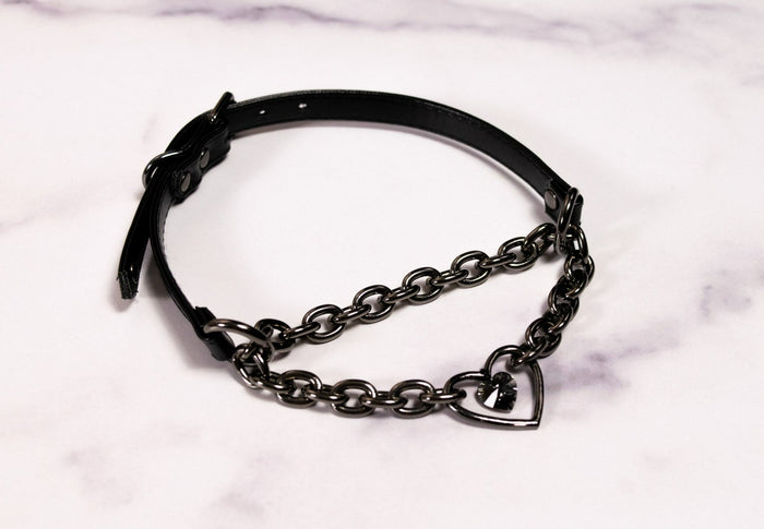 3/8" Design Your Own Crystal Petite Heart Ring Black Vegan Leather Martingale Collar