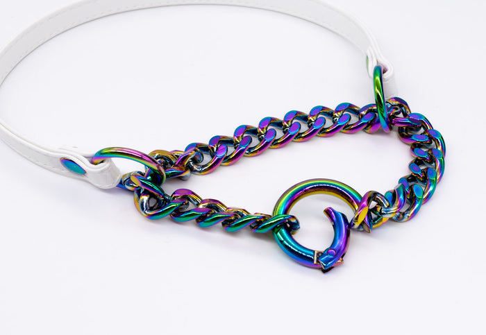 3/8" Front-Closing White Vegan Leather Martingale Collar in Rainbow