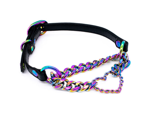3/8" Heart Ring Black Vegan Leather Martingale Collar in Rainbow