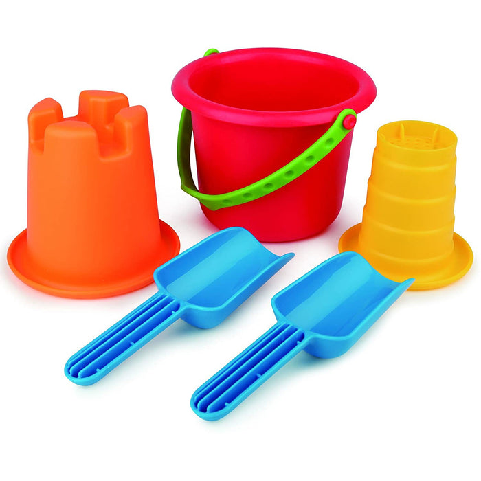 Colorful sand toys including a red bucket, orange mold, yellow mold, and two blue shovels on a white background.