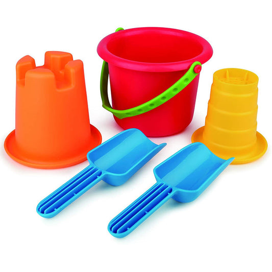 Colorful sand toys including a red bucket, orange mold, yellow mold, and two blue shovels on a white background.