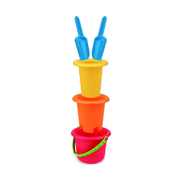 A red bucket, an orange castle bucket, and a smaller yellow bucket, and two blue sand scoops.