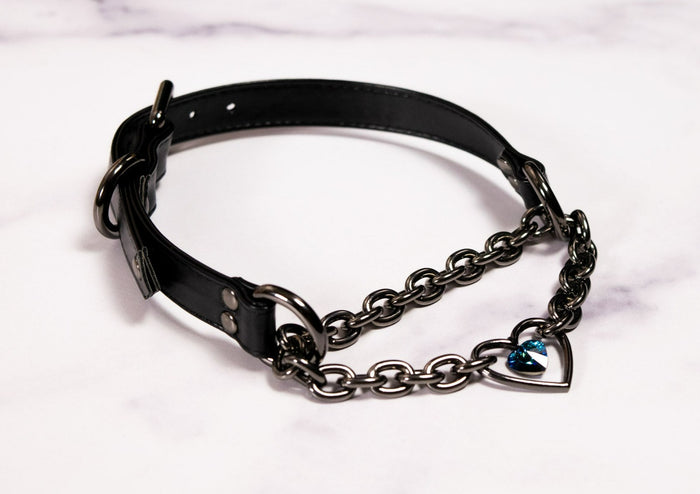 5/8" Design Your Own Petite Crystal Heart Ring Black Vegan Leather Martingale Collar