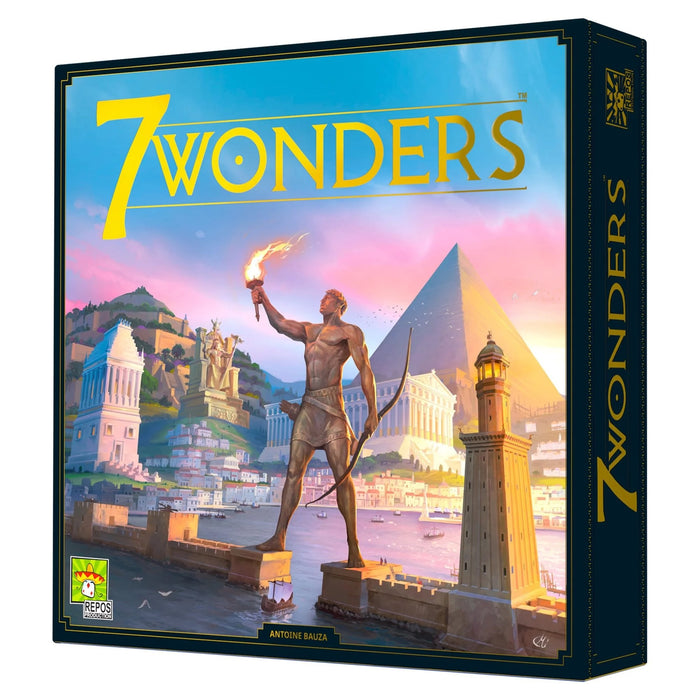 Board game box for '7 Wonders' with a statue and cityscape design.
