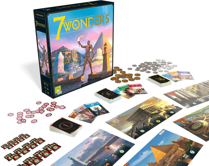 7 Wonders Game and contents on white background