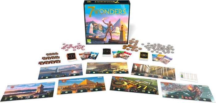 7 Wonders Game and contents on white background