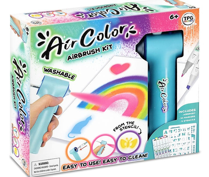 Air Color airbrush kit packaging with airbrush and stencils on a white background