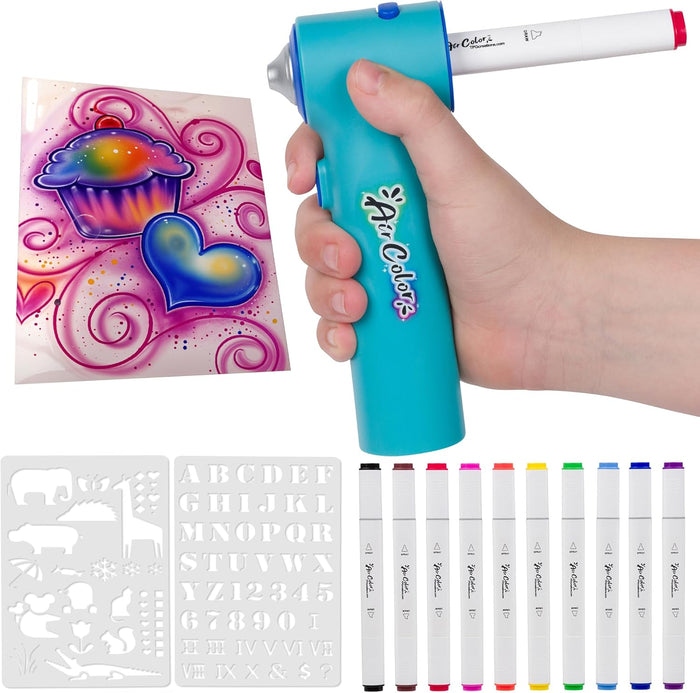 Turquoise airbrush with 'Air Color' branding, held by a hand, with stencils and markers on a white background.