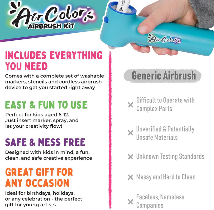 Air Colorz airbrush kit with text highlighting features and benefits
