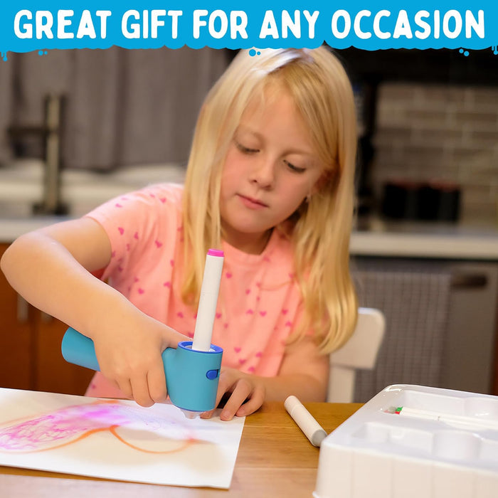 Young girl using a paint tool on paper with text 'Great gift for any occasion' at the top.