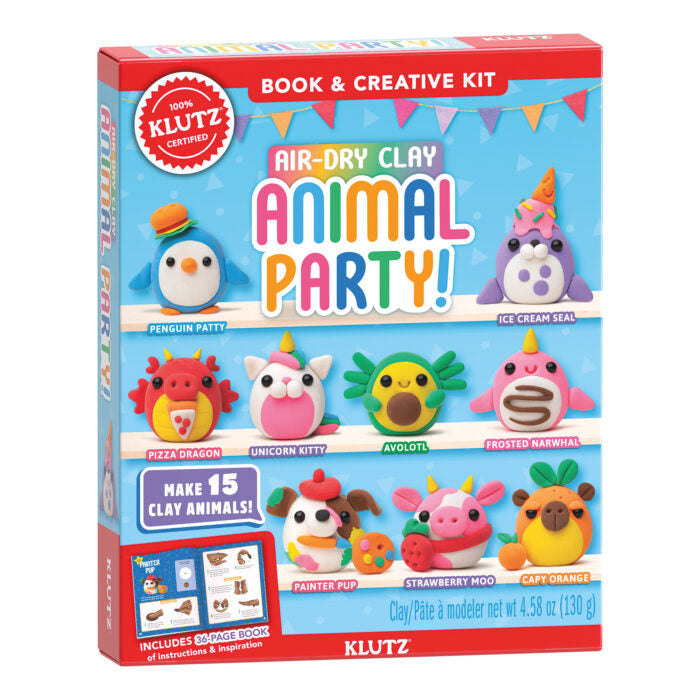 Klutz Air-Dry Clay Animal Party creative kit packaging with colorful animals and text.