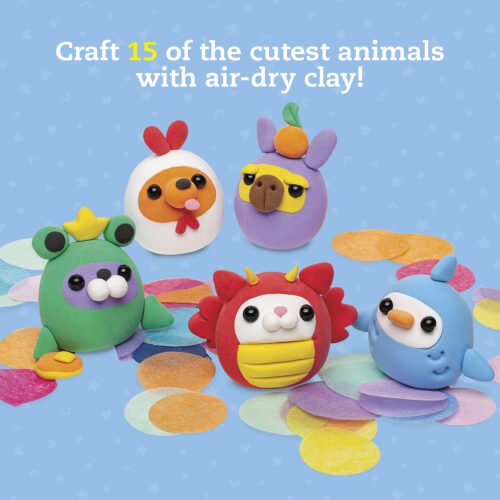 Colorful clay animals on a blue background with text about air-dry clay crafts.