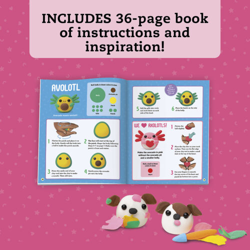 36-page book of instructions and inspiration for Avolotl toys on a pink background