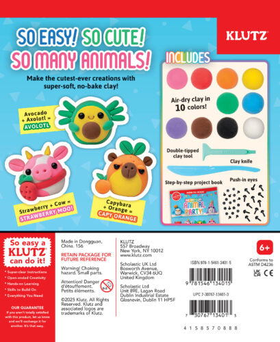 Back cover of a Klutz craft kit packaging with colorful illustrations and text.
