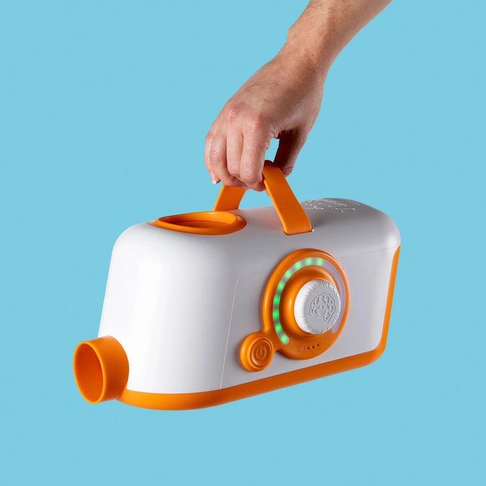 A person holding Air Toobz on a lite blue background