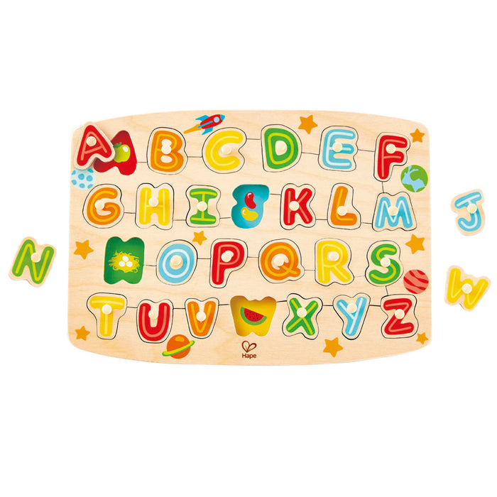 Wooden alphabet puzzle with colorful letters on a white background