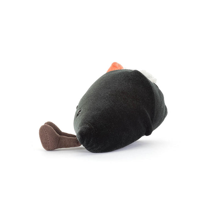 Black plush toy with a red nose on a white background