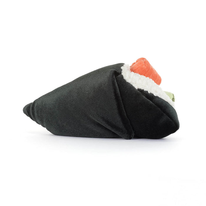 Black fabric dog toy shaped like a roll of sushi with orange and white details on a white background