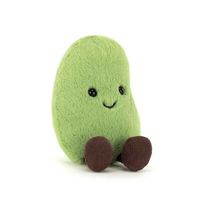 Green plush edamame toy with a smiling face on a white background